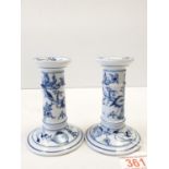 Pair of Meissen Style Onion Pattern Candlesticks. 11.5cm approx. Makers mark to base.