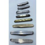 Selection of 8 vintage pen knives. To include 2x mother of pearl handles. A/F 6 X stainless steel