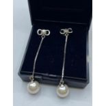 Silver box CHAIN EARRINGS with pearl drop. 925 silver. boxed.