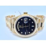 Rolex 18ct gold Day-Date Gents Watch, 36mm diameter with Factory Black Diamonds Dot Dial, 1985