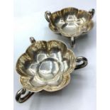 Pair of silver tri handle dishes by Mappin and Webb in 1908 Birmingham, 250g and 13cm diameter