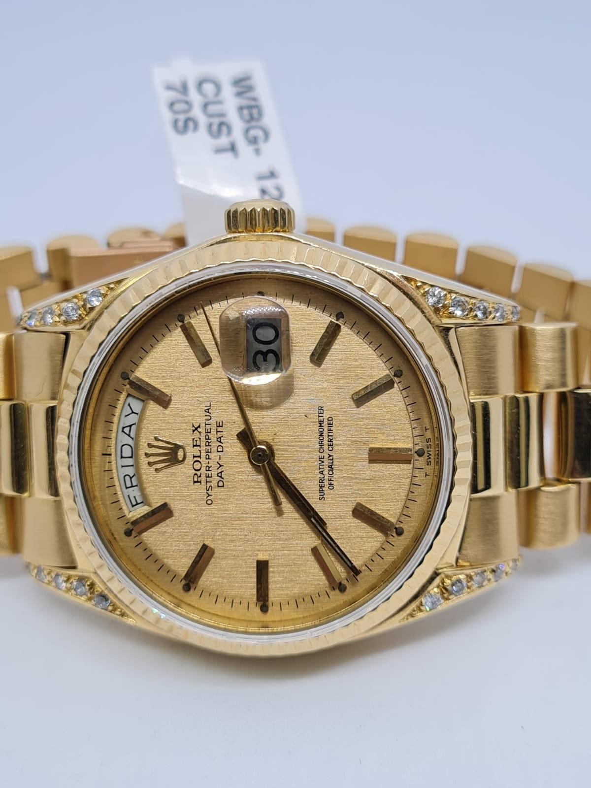 18ct GOLD Rolex Date Day Watch with Costumed Diamond Shoulders with Original Dial, 70s Model and - Image 2 of 7