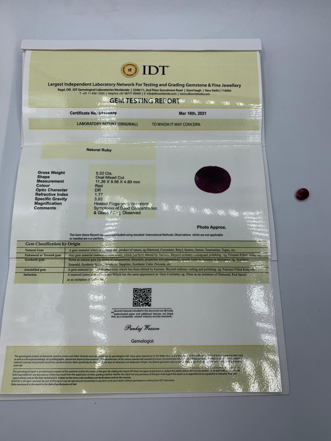 5.22 Cts Natural Ruby. IDT Certified - Image 3 of 3
