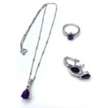 Sterling Silver & Amethyst matching Necklace, Earrings and Ring, Size P.