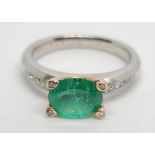 Platinum Ring, Large Emerald Centre Stone with Diamond Shoulders, 7.4g, Size M