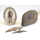 Royal flying corps officers side cap, 1915 hallmarked silver framed photograph, bronze and cloth