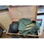 WW2 German Suitcase containing a great coat with a 'Volks Sturm' (home guard) armband and a