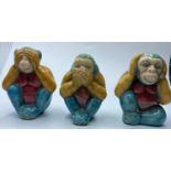 3x vintage ceramic monkeys, See no evil-Hear no evil-Speak no evil, 9cm tall