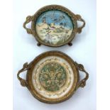 Two Chinese export crackle porcelain dishes with bronze rims with naturalistic handles and feet.