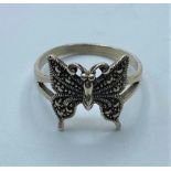 Silver Marcasite Butterfly Ring, Stamped 925 Silver, Boxed, Size R.