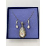 Silver Mother of Pearl Necklace and Pearl Earring Set.