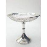 Vintage silver Tazza having pierced filigree feature to top with Hallmarked trumpet base. Clear