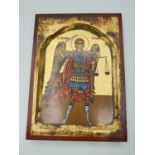 A Greek orthodox icon of St Michael. Hand painted in the Byzantine style on gilded wood.