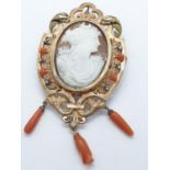 15ct vintage cameo and coral brooch, weight 15.2g