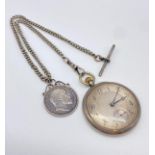 Antique Silver pocket watch and Albert chain with 1905 silver rupee on it