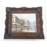 Oil ON canvas PAINTING street scene. signed Burnett and reframed. 8 x 10 in.