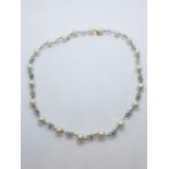 9ct gold pearl and aquamarine NECKLACE. 14.7g 34cm