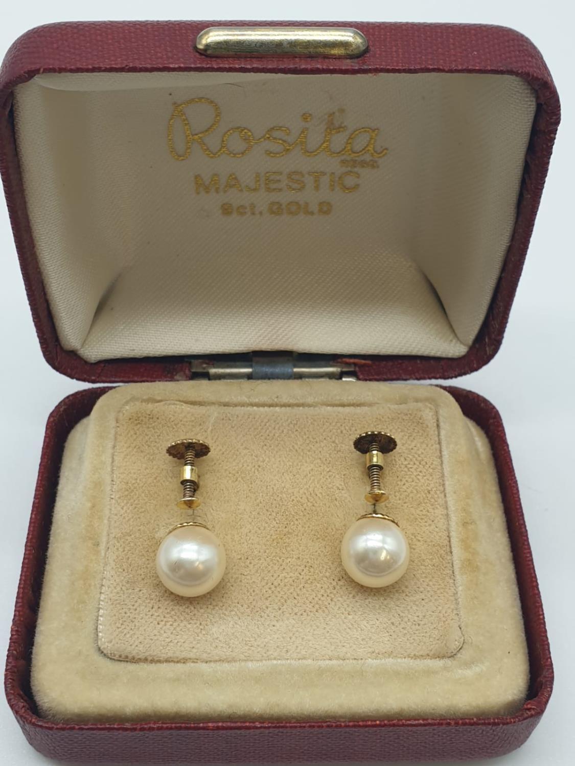 9ct gold vintage pearl earrings, having screw fitting and marked for 9ct, original box and good - Image 5 of 5