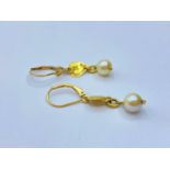 Pair of 9ct gold EARRINGS with heart and pearl drop. 2g