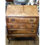 1920s maple walnut bureau with letter rack and pen drawer, 3 front drawers H100cm x W76cm