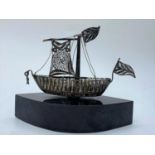 Silver filigree Viking ship on a stand, 14cmsx10cm