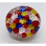 Multi coloured glass paper weight, weight 237g & diameter 6cm