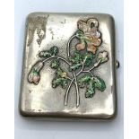 RUSSIAN SILVER CIGARETTE CASE WITH ENAMEL FLORAL MOTIF FROM LATE 19TH CENTURY WITH SAPPHIRE