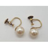 9ct gold vintage pearl earrings, having screw fitting and marked for 9ct, original box and good