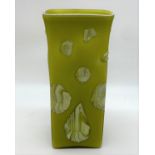 Green square VASE with applique raised abstract pattern. 17cm tall.