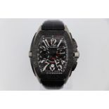 Franck Muller titanium conquistador Grand Prix watch, black leather strap with red stitching, no