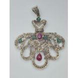 Ruby, diamond and emerald on silver PENDANT. 19.7g 5.4cm 6cm drop.
