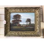 Grazing Horses Oil Painting on Panel circa 1900 in Gilded Floral Art Nouveau Frame. Panel measures