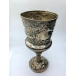 H/M SILVER CHALICE MADE IN 1831 BY JOHN EDWARDS PERRY WITH HAND EMBOSSED BOVINE FARM SCENES,