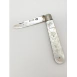 Vintage silver bladed fruit knife with mother of pearl handle, handle engraved with thistle to one
