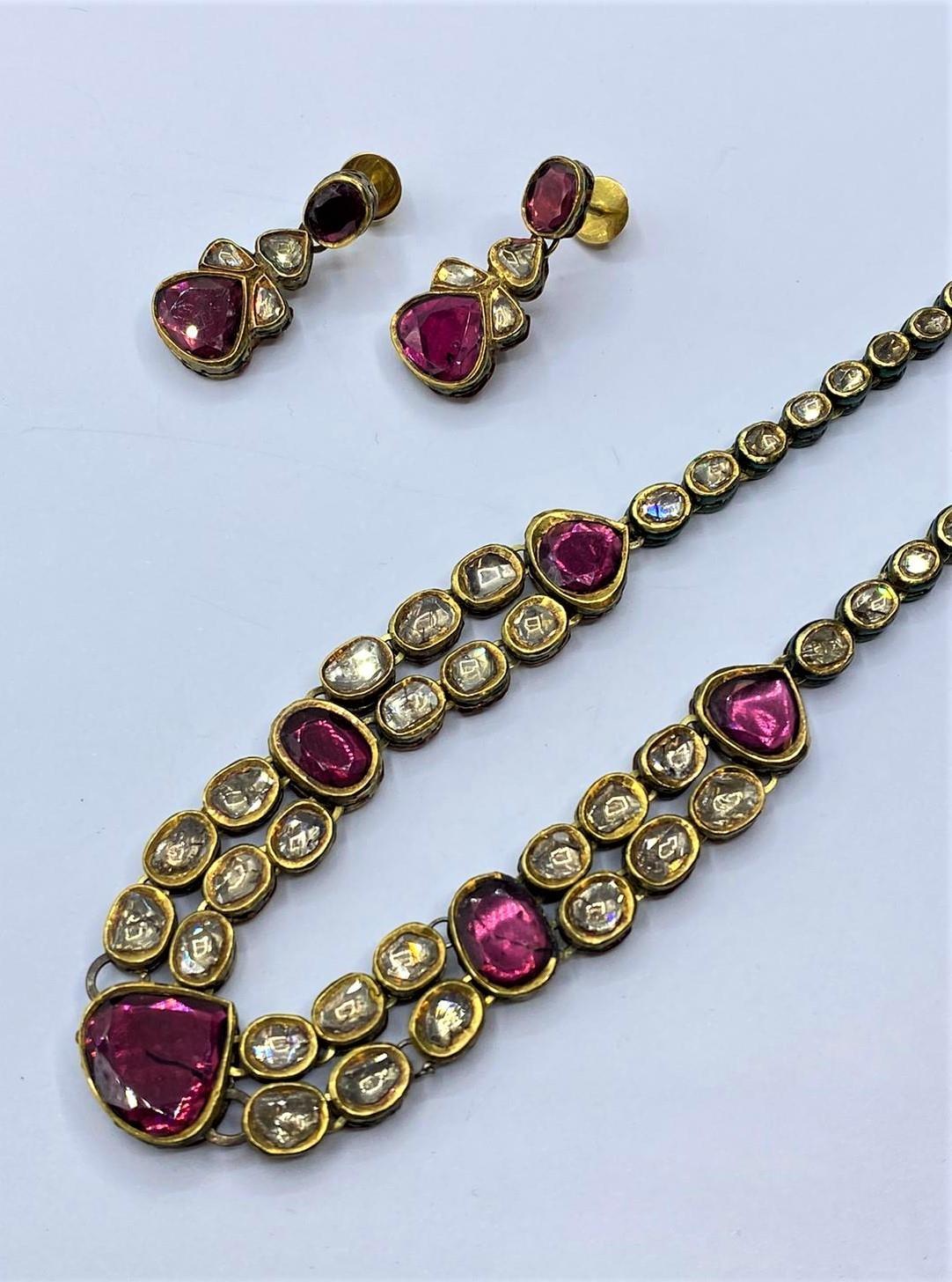 18k Indian set of Ruby and Rose Diamonds NECKLACE (40cm) and EARRINGS. 68g. - Image 2 of 3