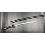 Japanese SAMURAI SWORD with ornate hilt and handle in wooden scabbard. A/F