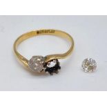 Antique 18ct gold ring with platinum setting, cross over style with 1 diamond needs resetting,