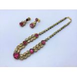 18k Indian set of Ruby and Rose Diamonds NECKLACE (40cm) and EARRINGS. 68g.