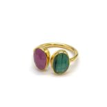 925 Silver emerald and ruby ring with gold plating