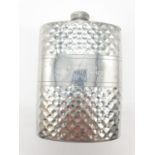 Sheffield Pewter HIP FLASK in beaten metal. Inscribed cartouche to front. Hand crafted.