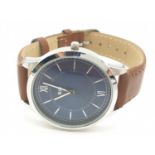 Gent Rio large blue face wristwatch, quartz movement brown strap, full working order