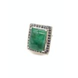 925 Silver Ring with Cabochon Emerald and Blue Sapphires, 22.64ct Emerald, 1.98ct Sapphires