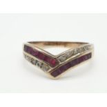 9ct Gold CHEVRON RING with diamonds and Pink Rubies. 2.4g Size 0