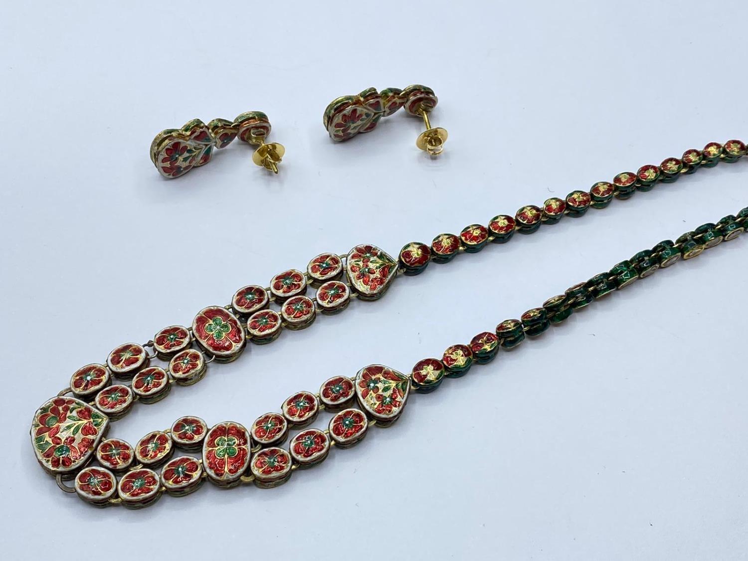 18k Indian set of Ruby and Rose Diamonds NECKLACE (40cm) and EARRINGS. 68g. - Image 3 of 3