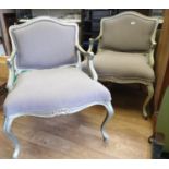 Pair of Queen Anne style chairs in silver painted wood and grey upholstery, W77cm x H90cm