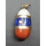 Antique 14ct gold three stone Russian Imperial flag miniature Easter Egg PENDANT, St Petersburg.