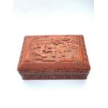 Antique Chinese lacquered hand carved cinnabar trinket box, 14x9cm approx