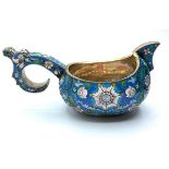 FABERGE RUSSIAN ENAMEL ON SILVER KAVSH CIRCA 1870, WEIGHT 275G AND 16.5CM OVERALL LENGTH
