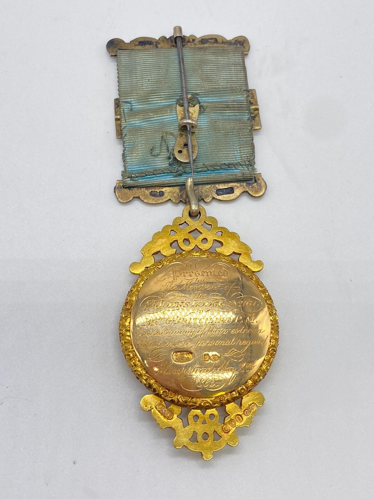 18ct gold Masonic jewel dated 1865 from the St's John lodge Hampstead number 167, weight 62.3g total - Image 8 of 8