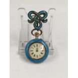 Antique lady's POCKET WATCH and BROOCH in silver and guilloche enamel. A/F